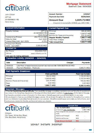 Download Hong Kong Citibank bank mortgage statement scr Photoshop template